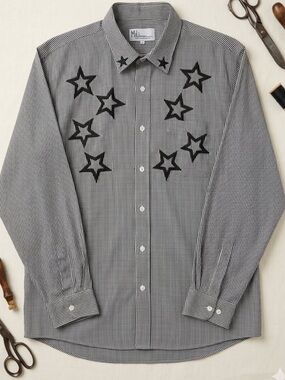 Women's Mili Designs Black & White Checked Cotton Blend Shirt, Star Embroidery